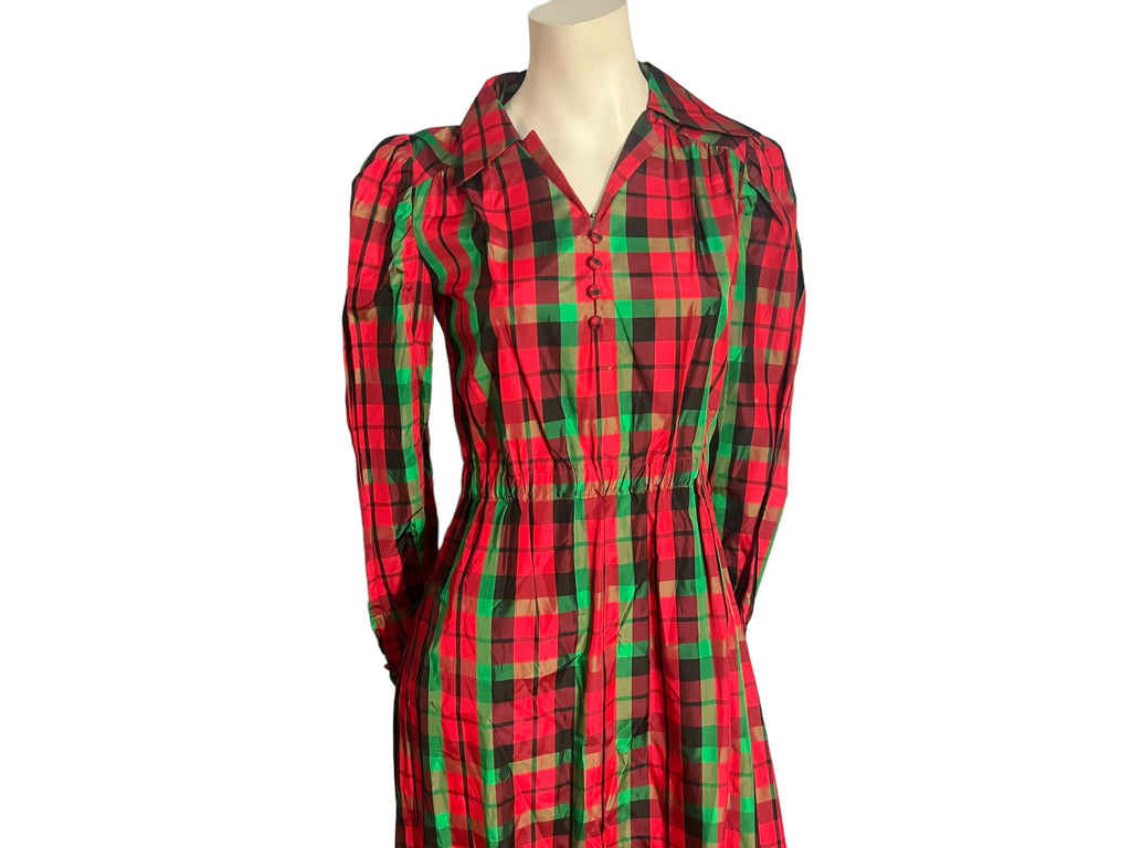 Vintage 70's Christmas red plaid long dress M