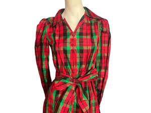 Vintage 70's Christmas red plaid long dress M