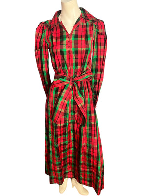 Vintage 70's Christmas red plaid long dress M
