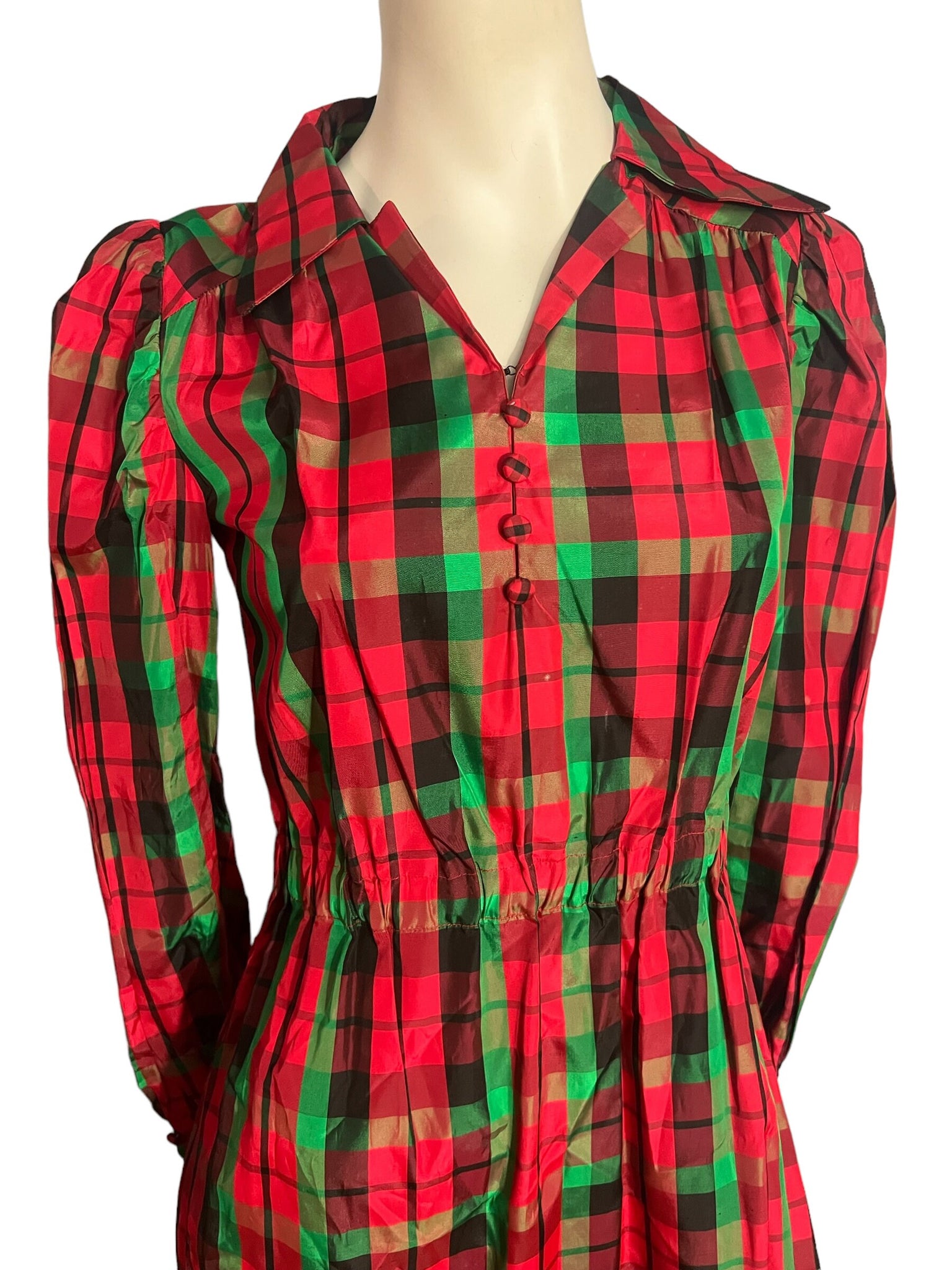 Vintage 70's Christmas red plaid long dress M