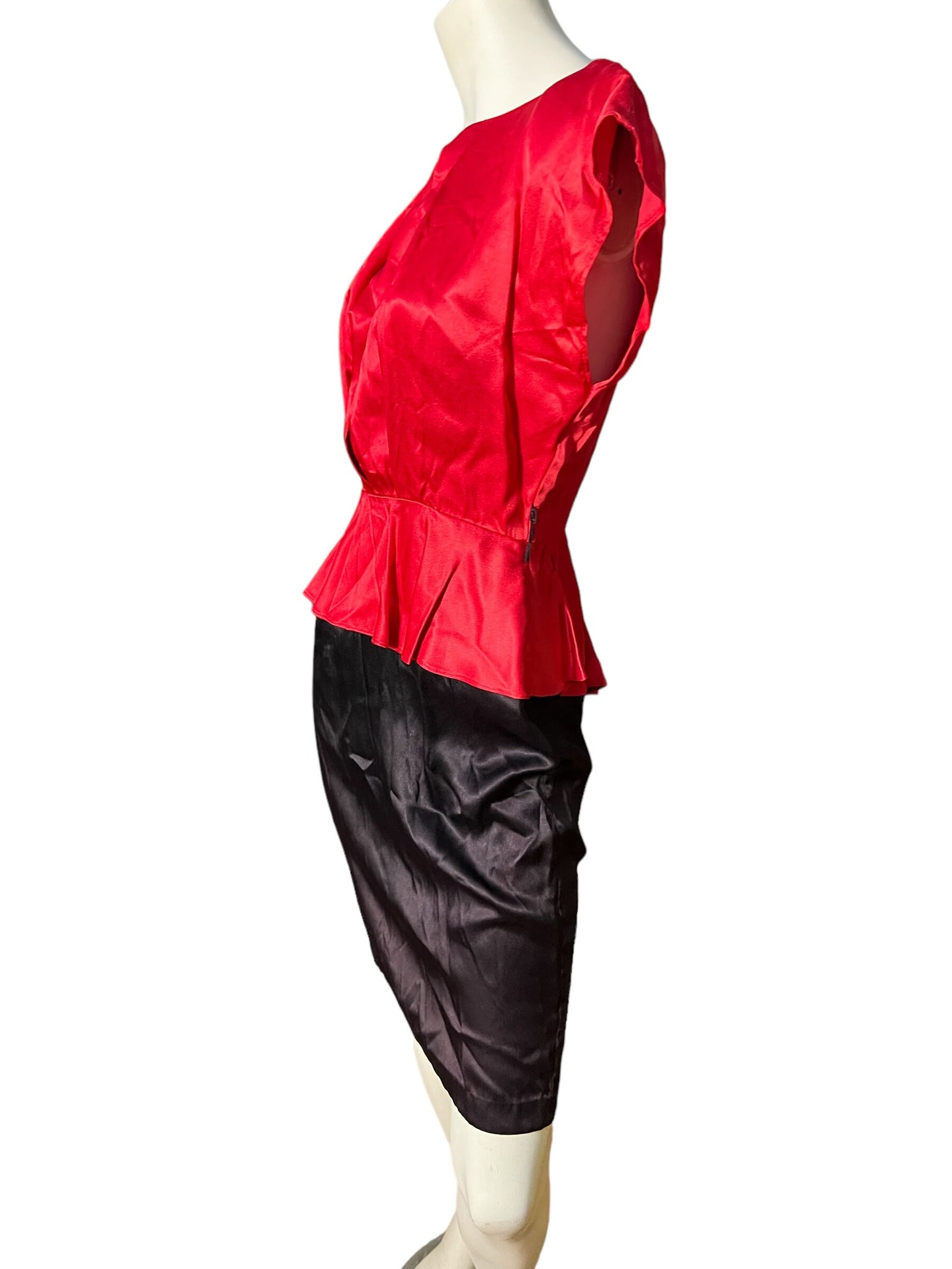 Vintage 80's red & black satin peplum dress M All That Jazz