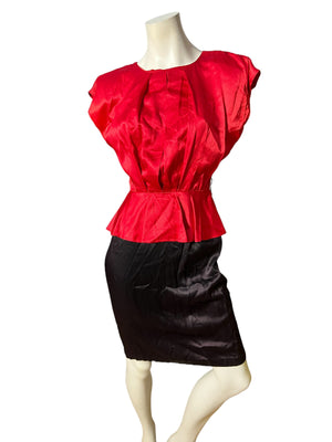 Vintage 80's red & black satin peplum dress M All That Jazz