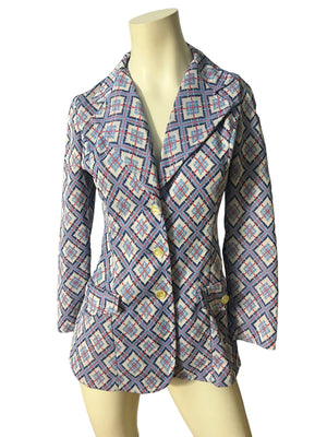 Vintage Mod Blue Plaid 70's Ladies Jacket Coat M 12