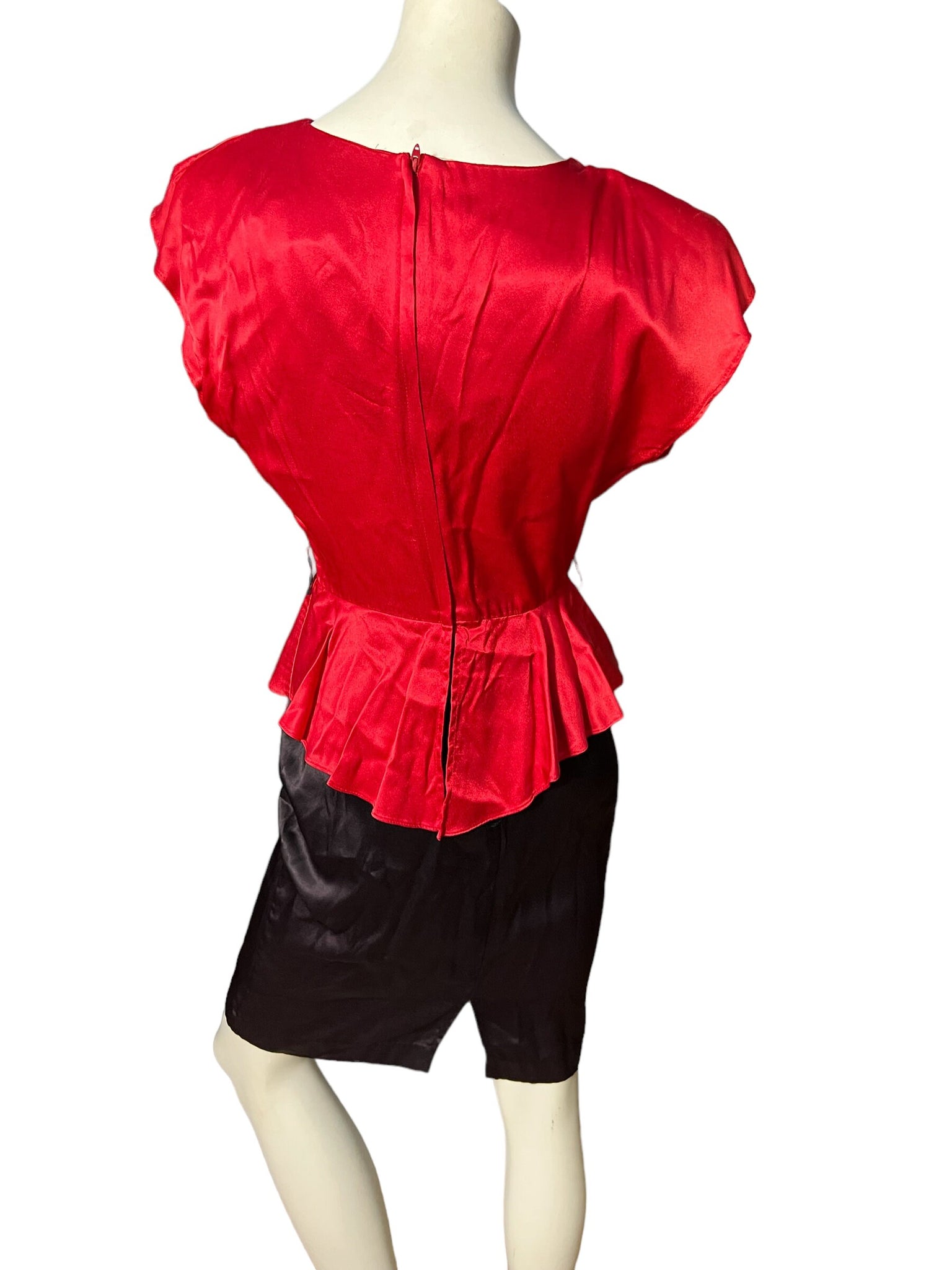 Vintage 80's red & black satin peplum dress M All That Jazz
