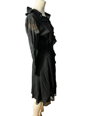 Vintage 70’s black ruffle wrap dress M