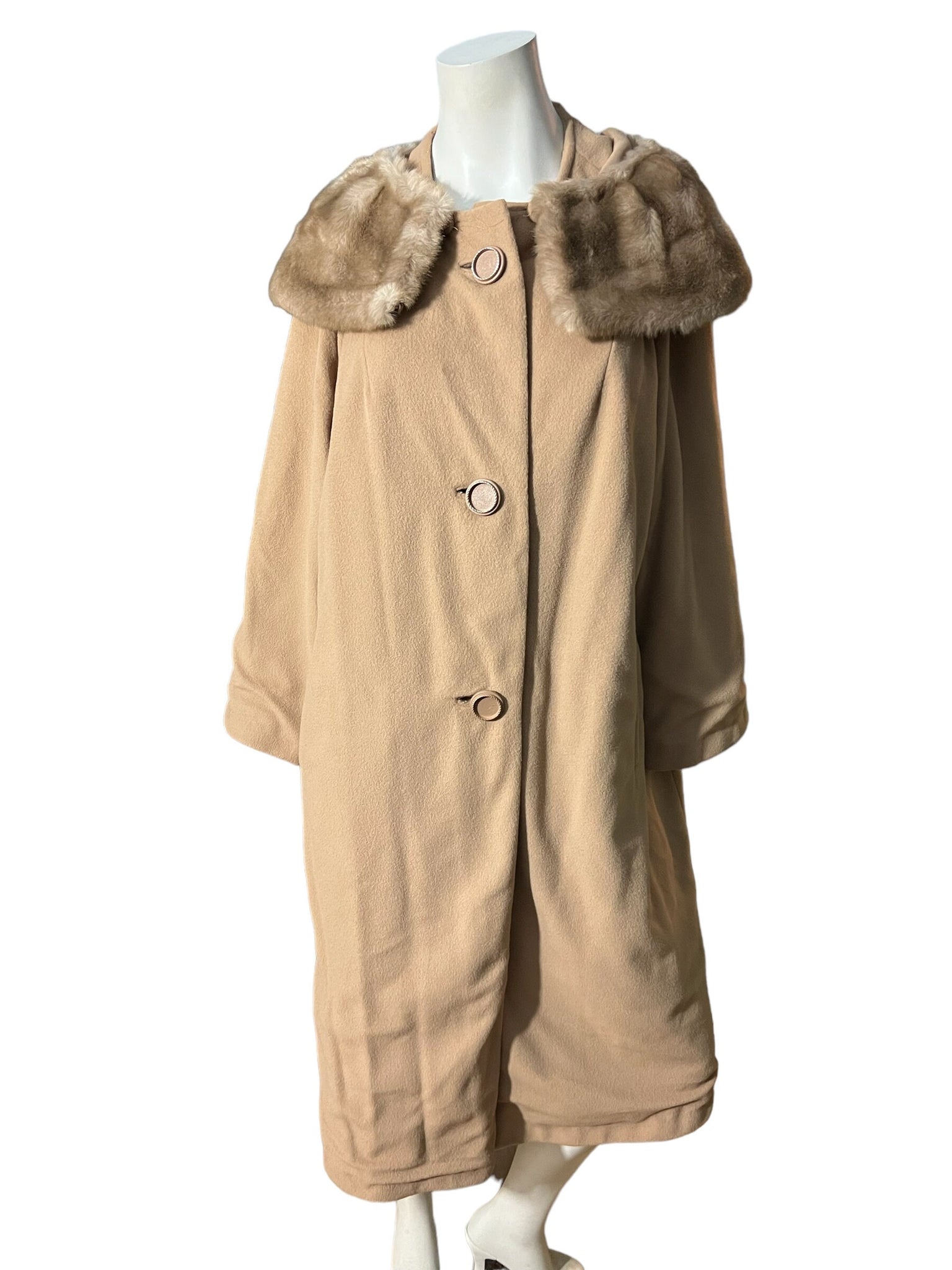 Vintage 50's 60's brown faux fur collar coat L