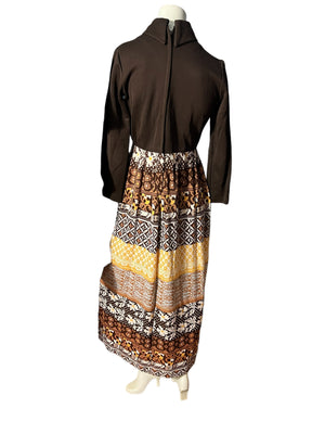 Vintage 70's brown mod maxi dress M