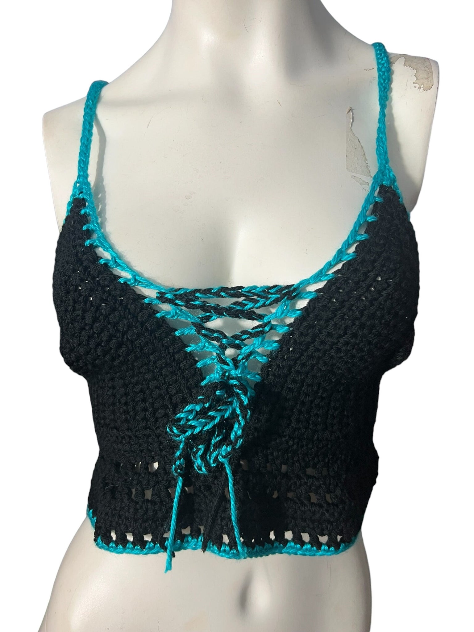 Vintage crochet bustier top black & blue L