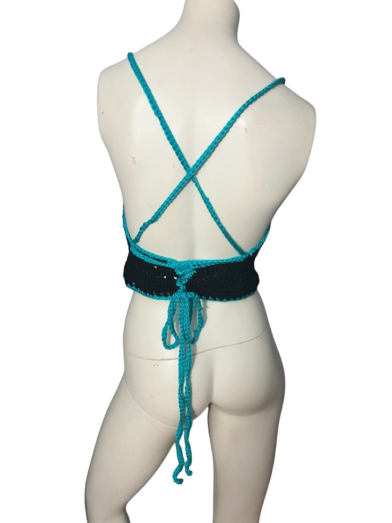 Vintage crochet bustier top black & blue L