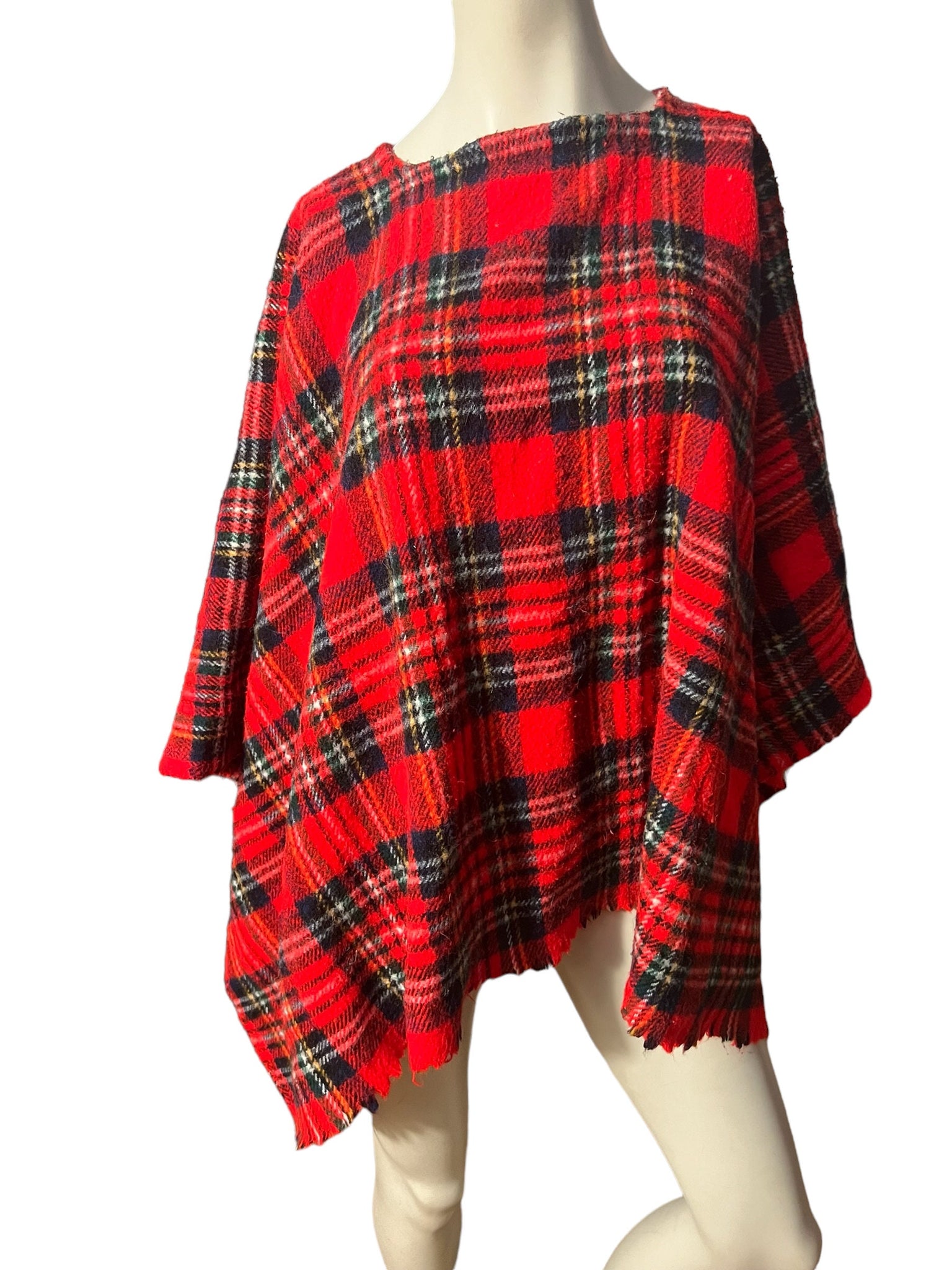 Vintage red plaid poncho shawl