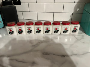 Vintage red 8pc spice jars black leaf