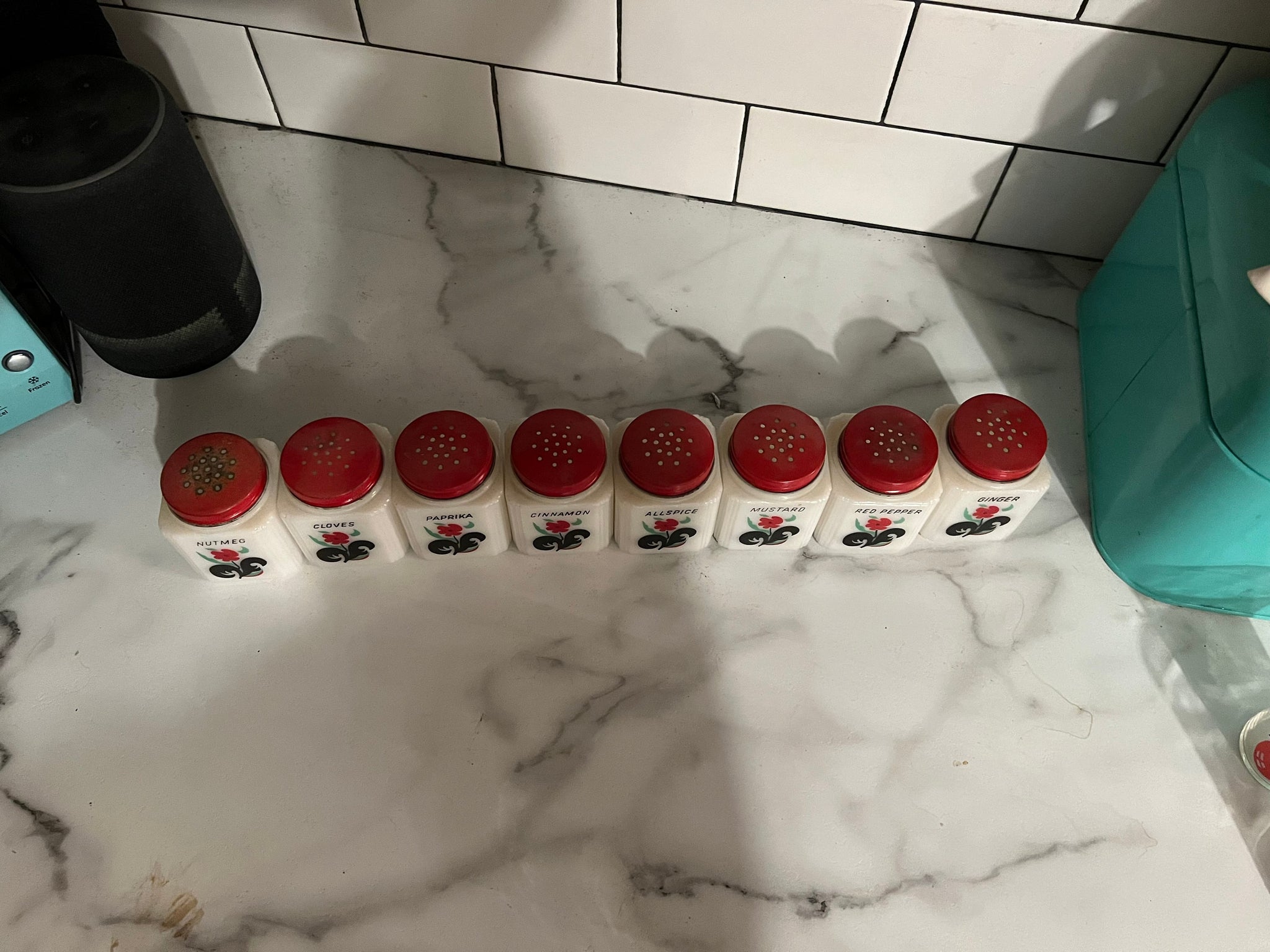 Vintage red 8pc spice jars black leaf