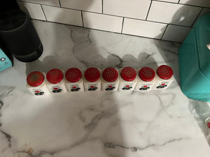 Vintage red 8pc spice jars black leaf