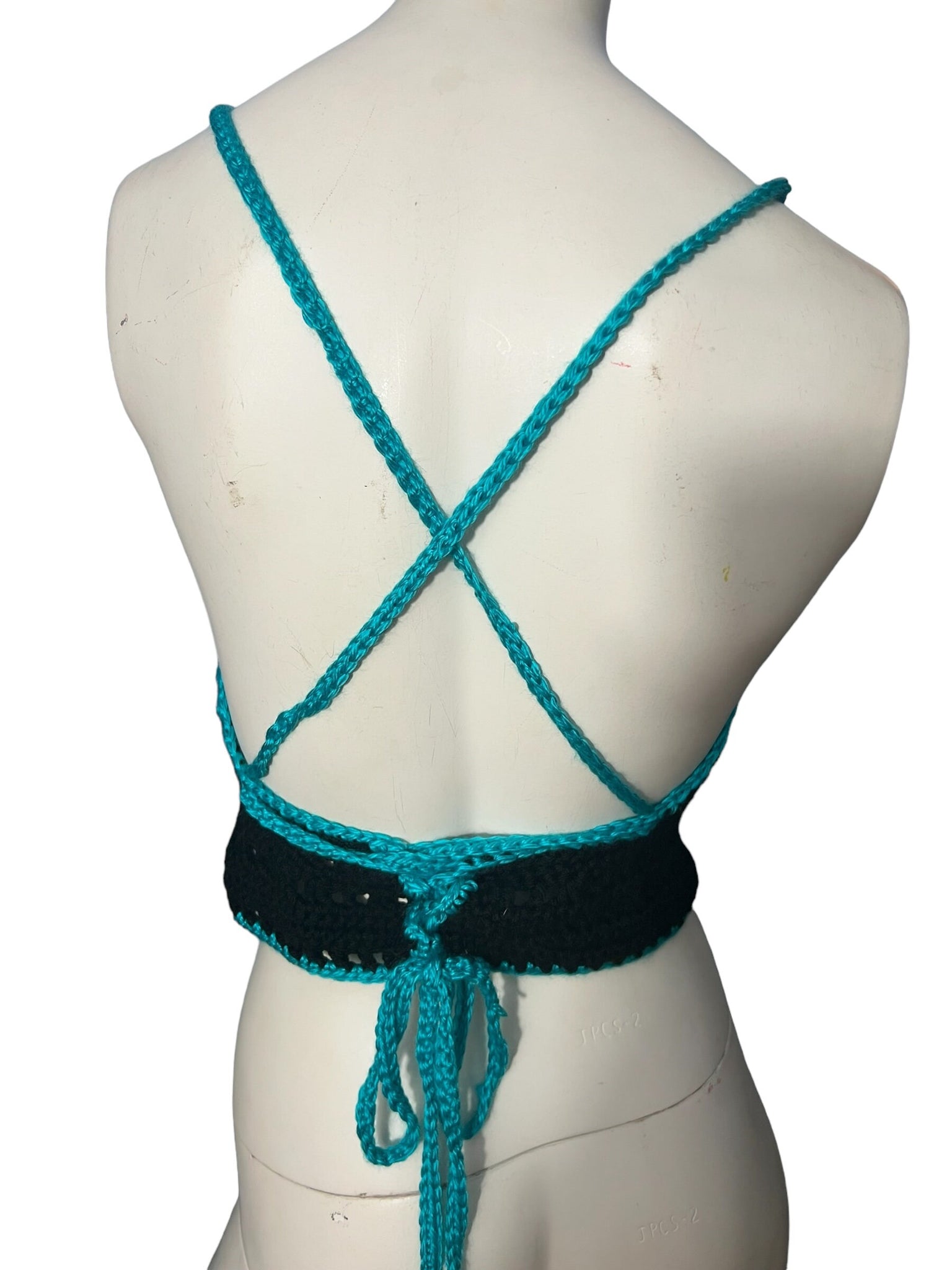 Vintage crochet bustier top black & blue L