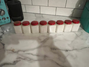 Vintage red 8pc spice jars black leaf