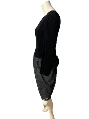 Vintage 80's black velvet drop waist dress M Jody