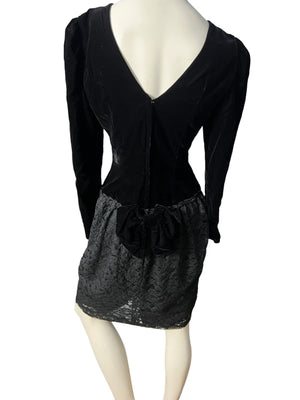 Vintage 80's black velvet drop waist dress M Jody