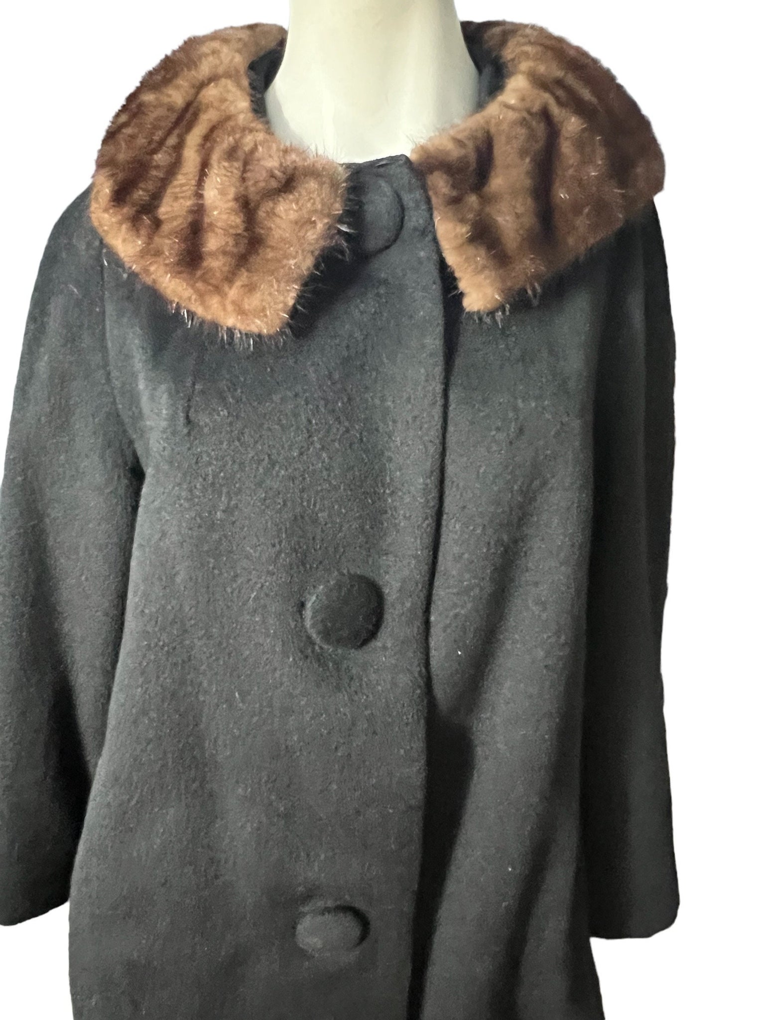 Vintage black 50's coat fur collar M L