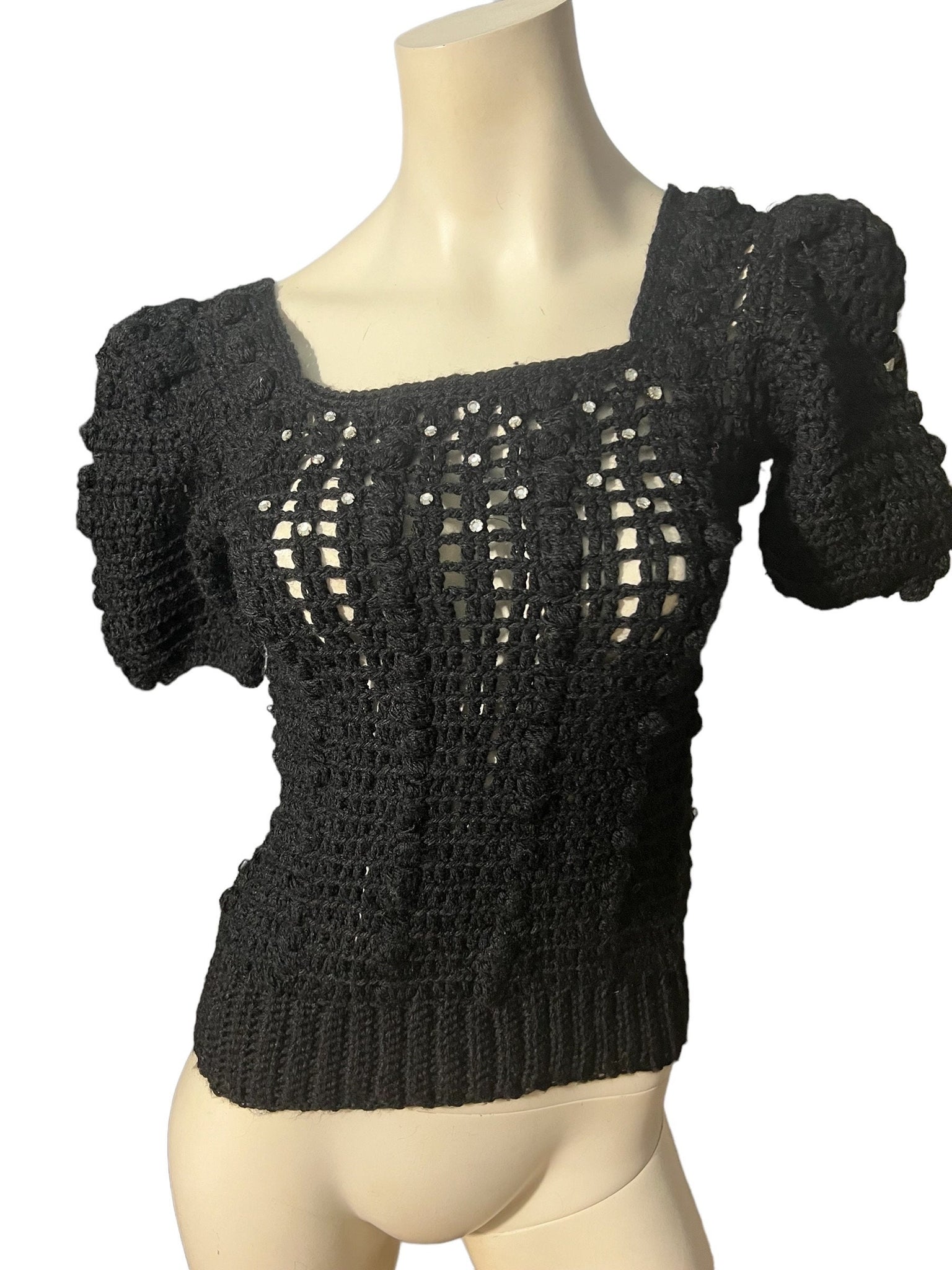 Vintage black handmade sweater S rhinestones