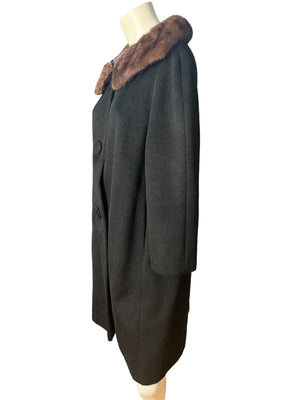 Vintage black 50's coat fur collar M L