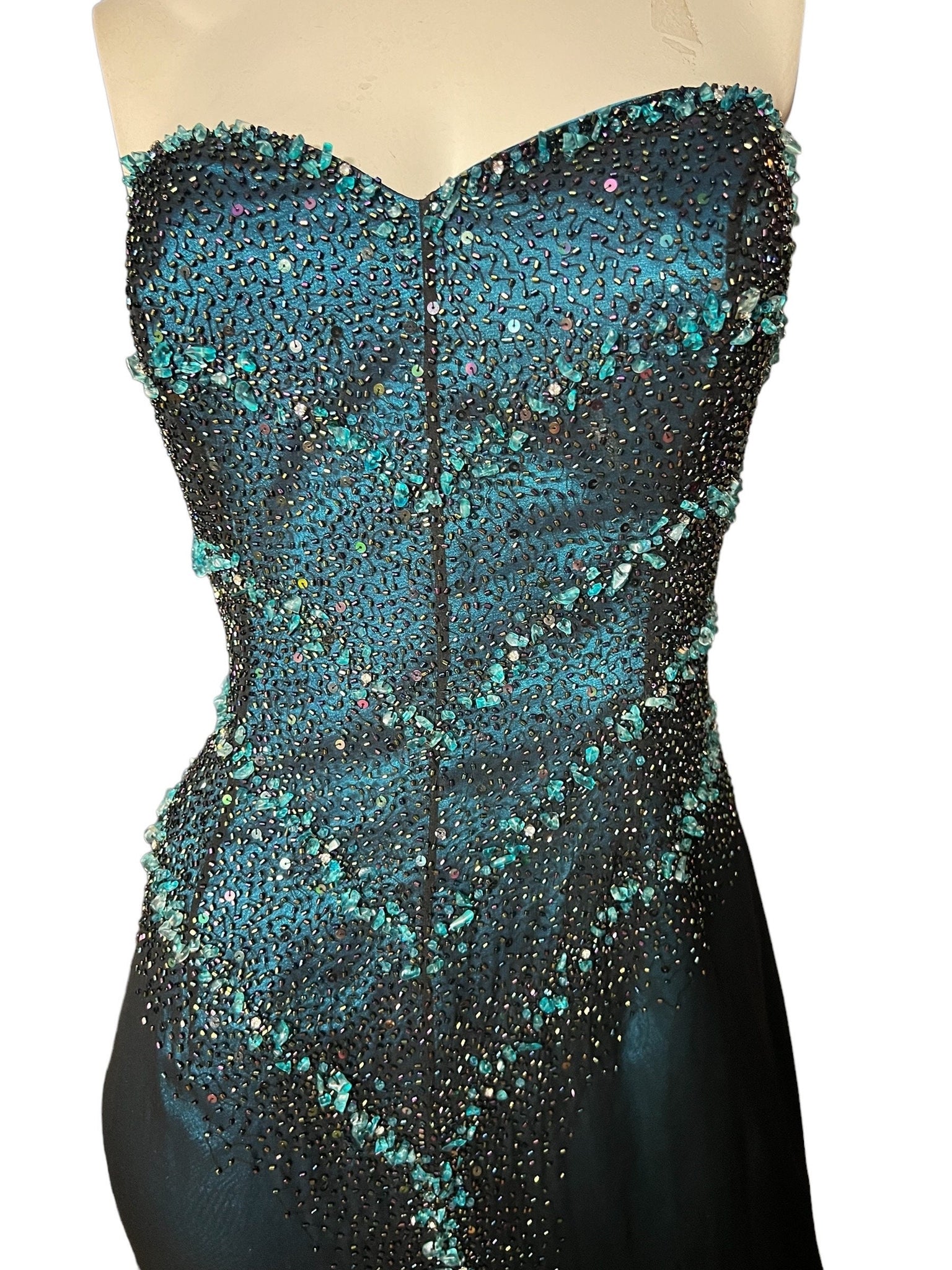Vintage 80's turquoise & black bead gown 12 Alyce