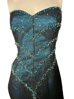Vintage 80's turquoise & black bead gown 12 Alyce