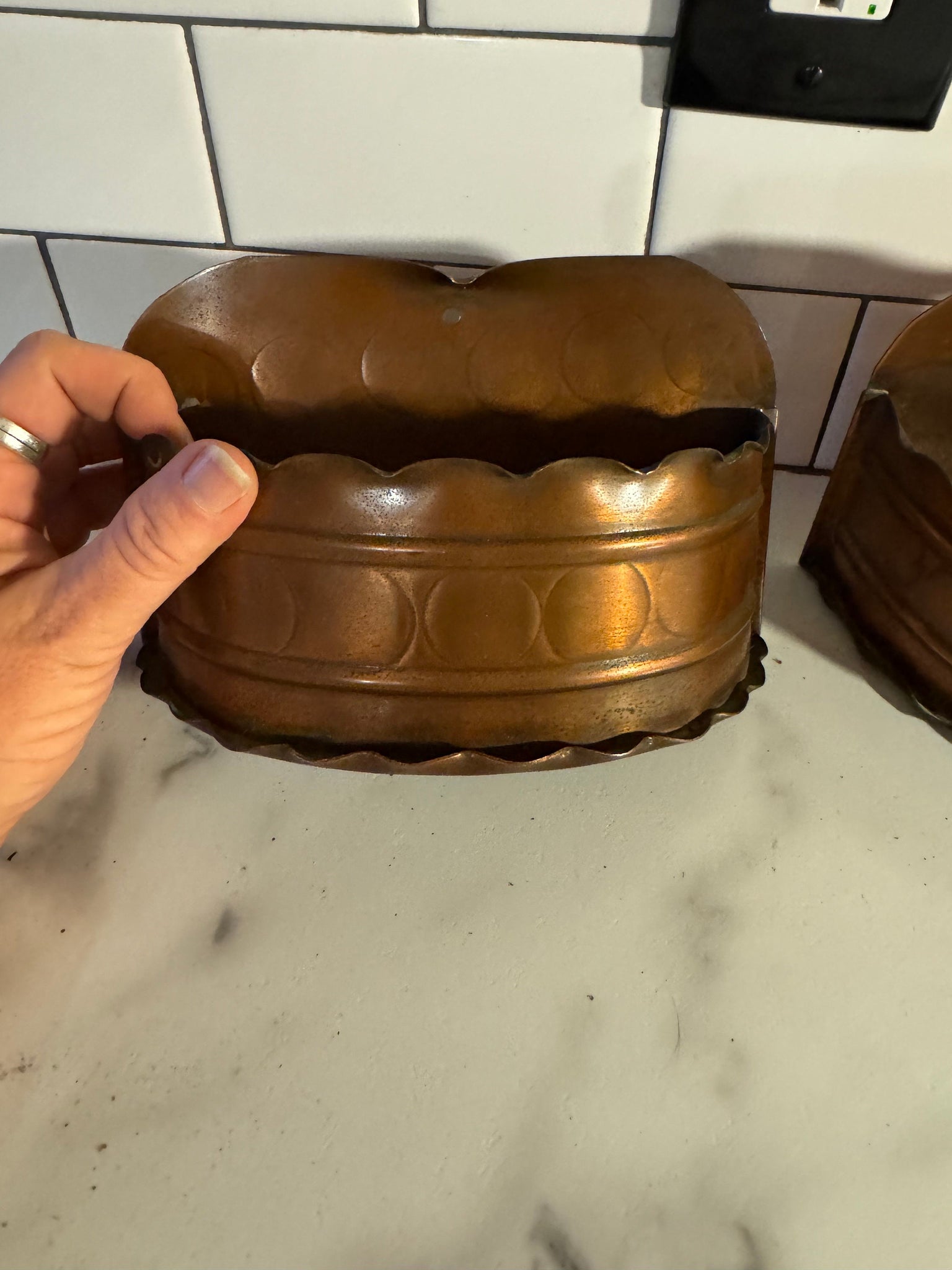 vintage pair of copper shelves planters