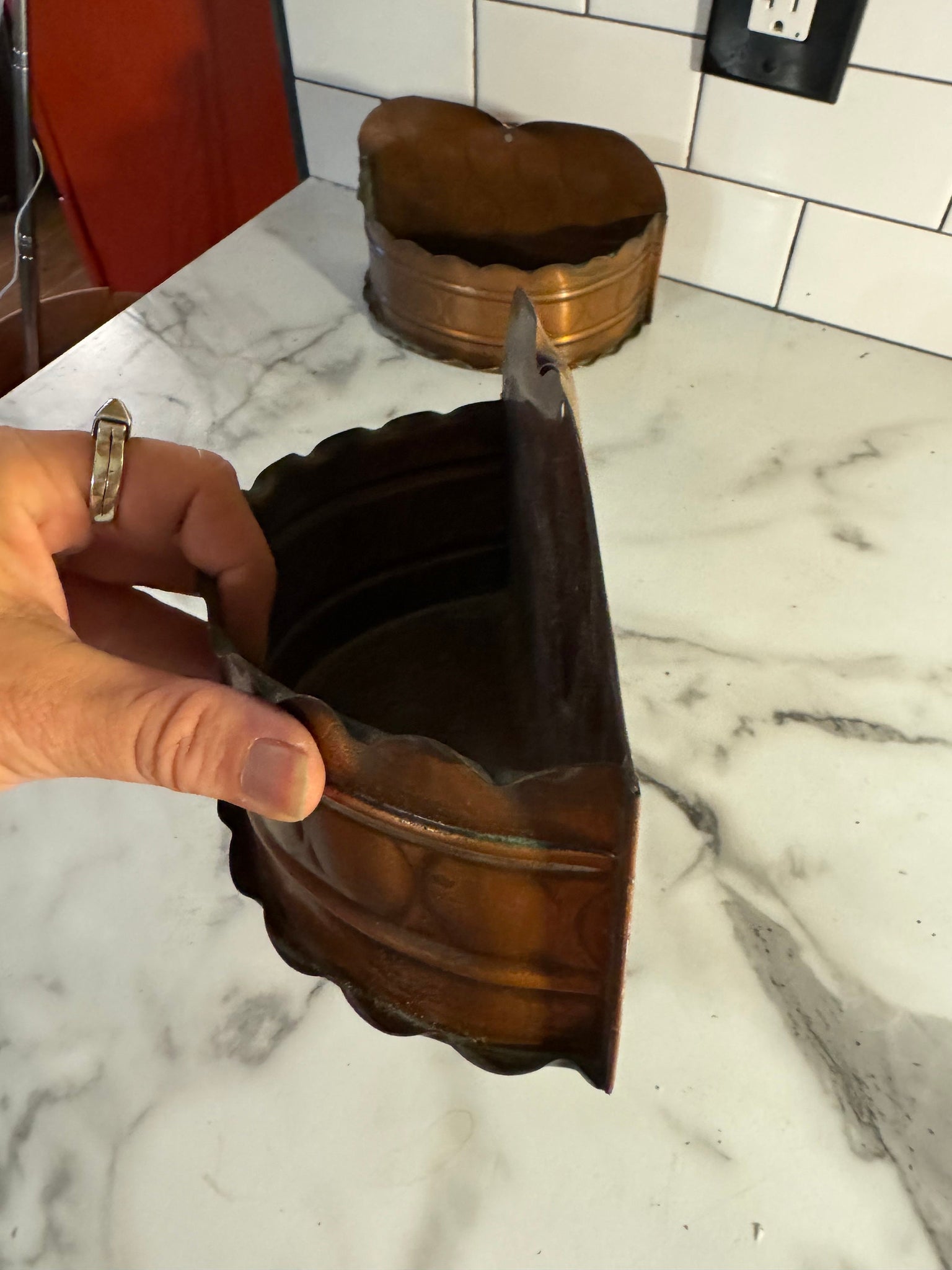 vintage pair of copper shelves planters