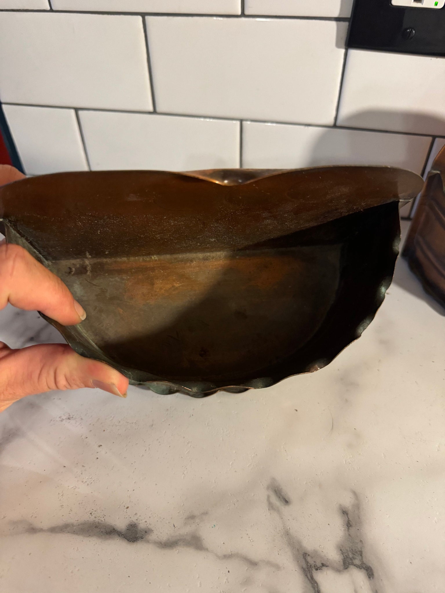 vintage pair of copper shelves planters