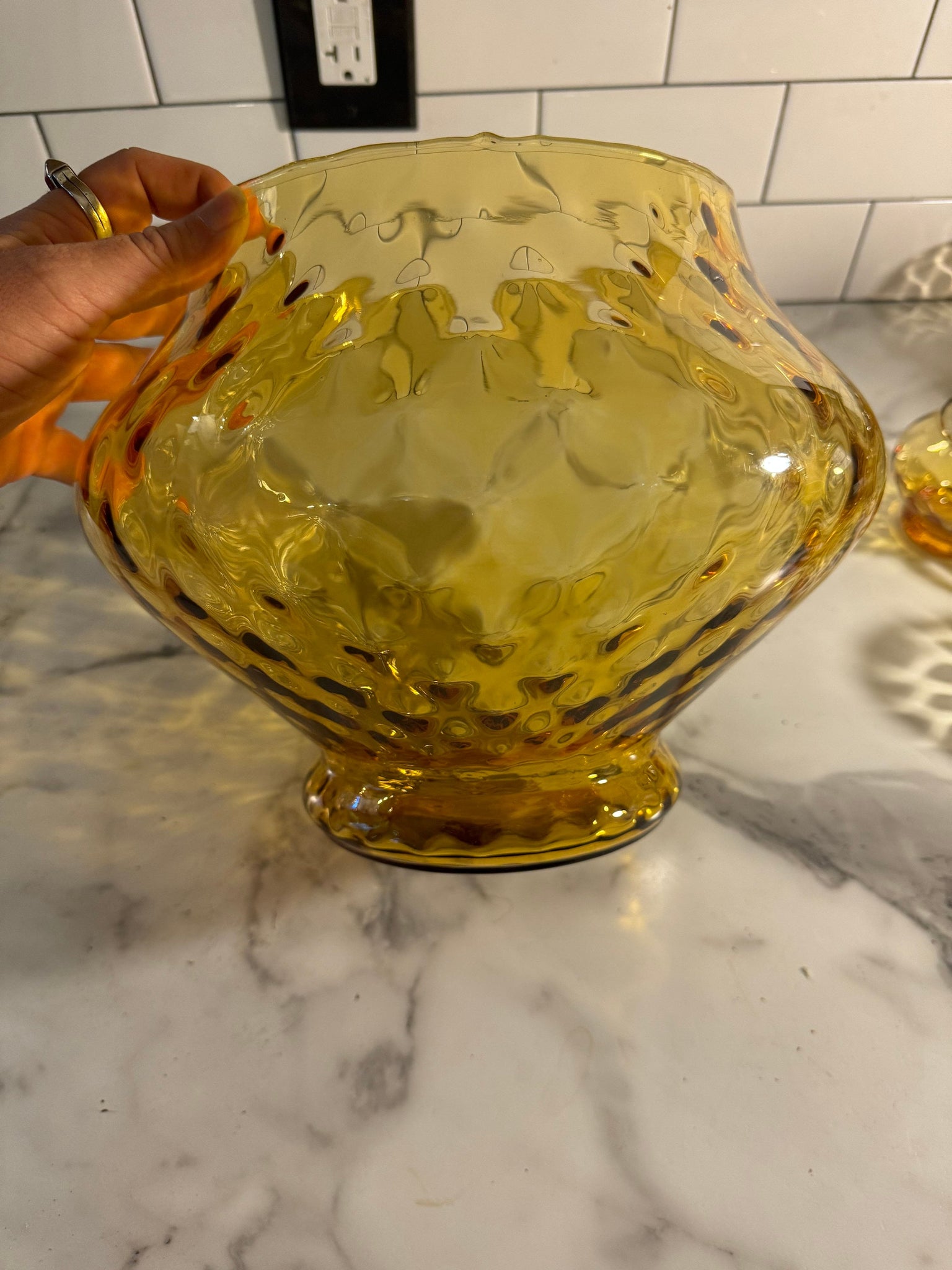 Vintage amber art glass punch bowl set