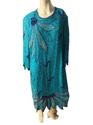 Vintage 80's turquoise bead dress 3x