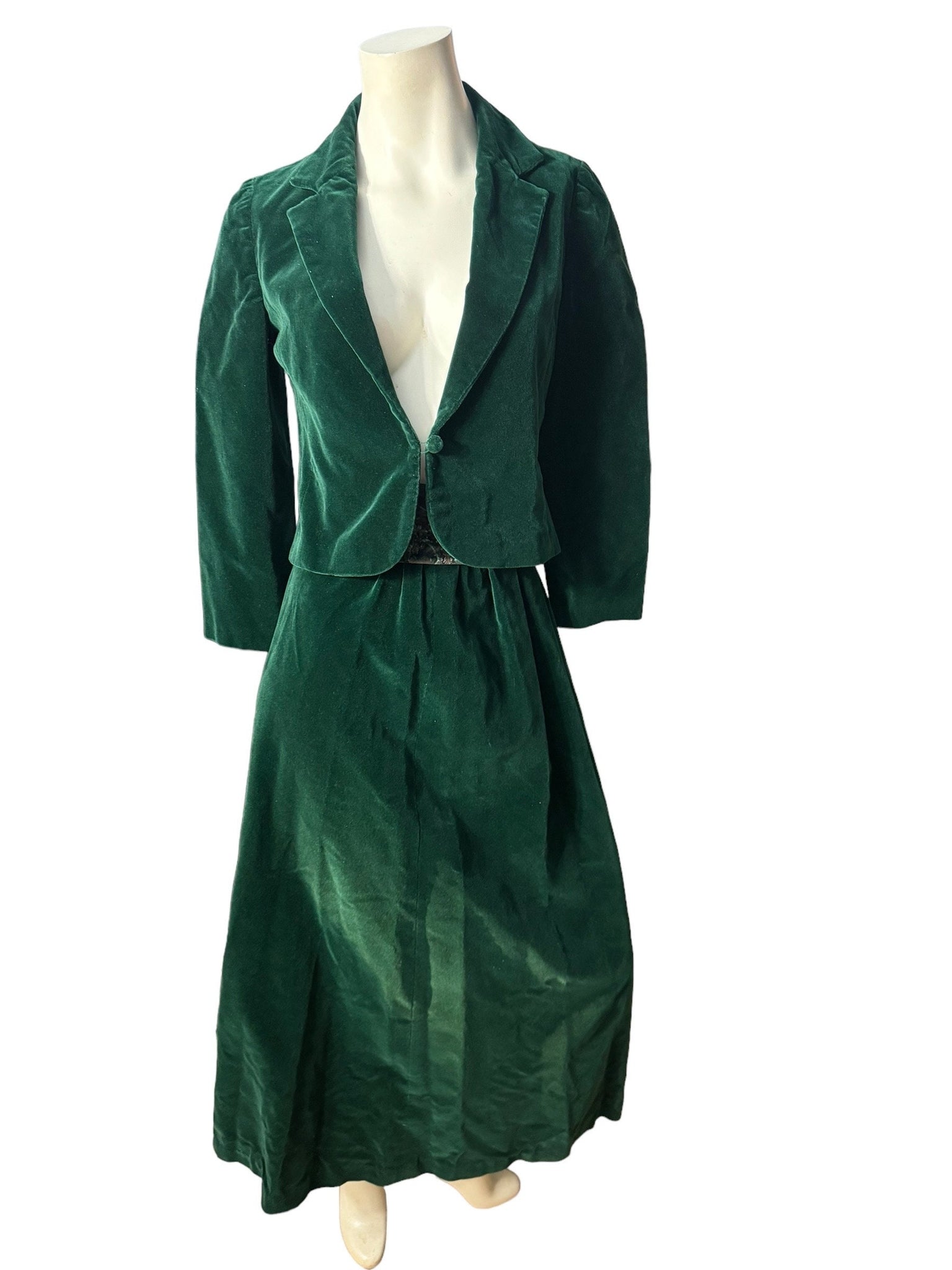Vintage 70's green velvet skirt suit set S