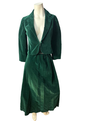 Vintage 70's green velvet skirt suit set S