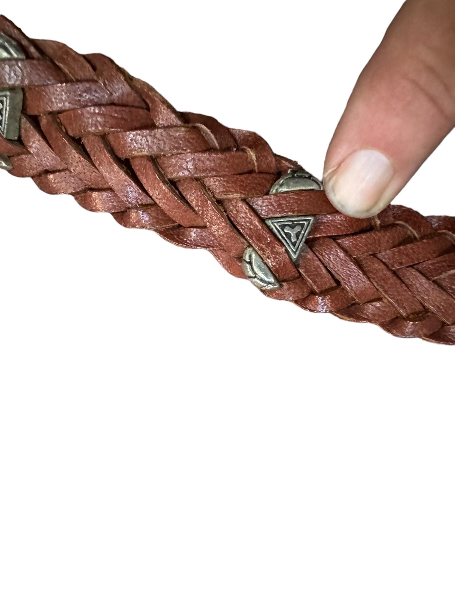 Vintage brown woven leather & silver metal belt