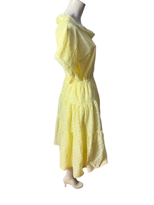 Vintage yellow prairie eyelet dress L full skirt
