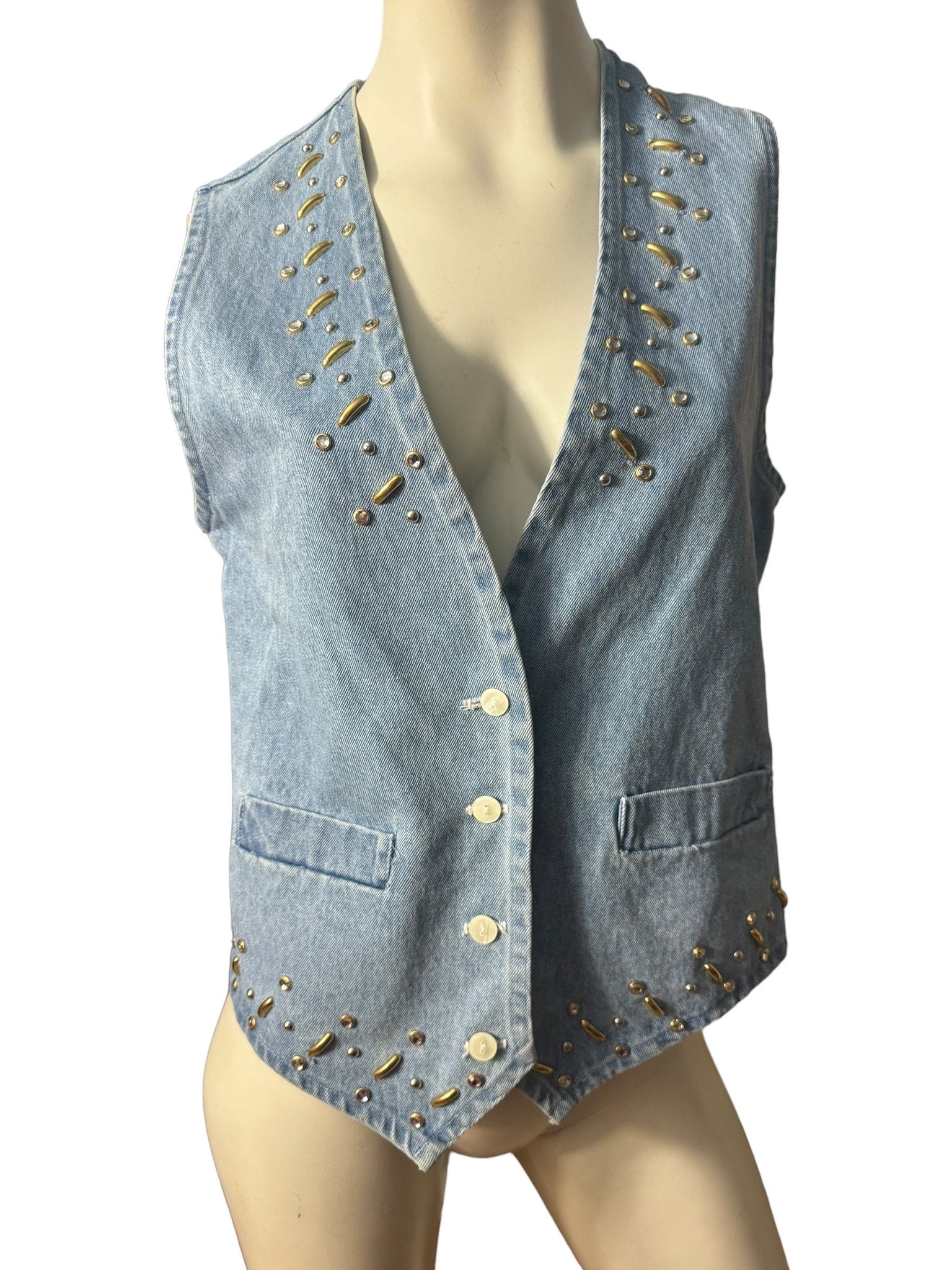 Vintage 80's jean rhinestone vest M Zone Blu