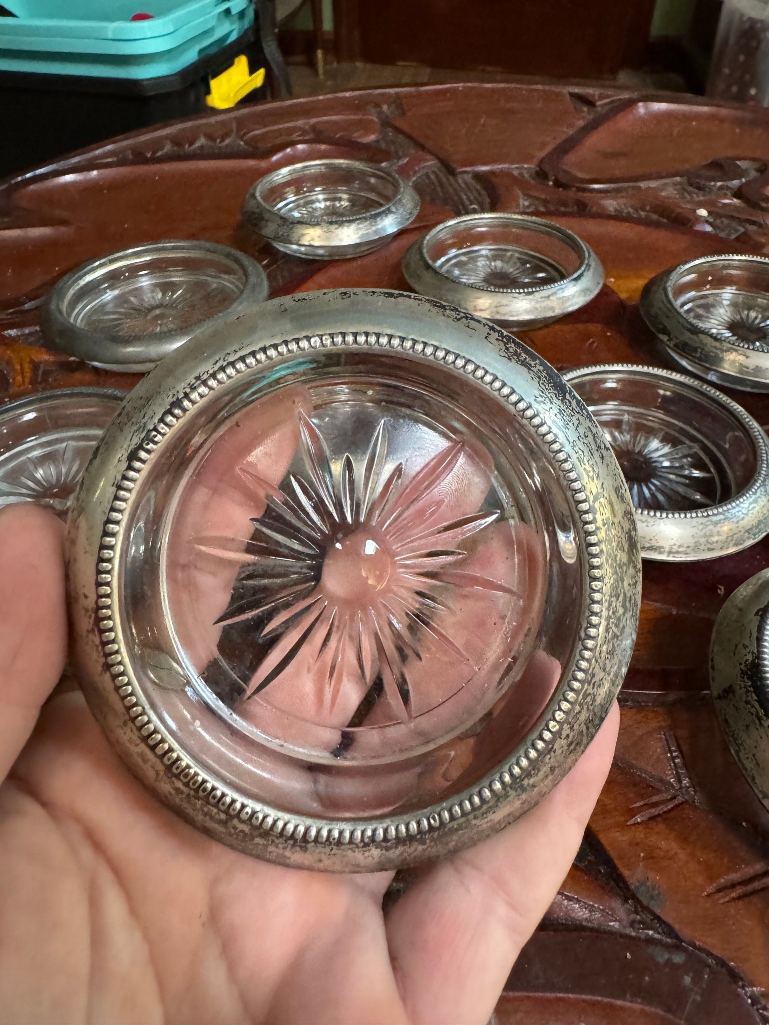 Vintage silver & glass coasters 9 pc