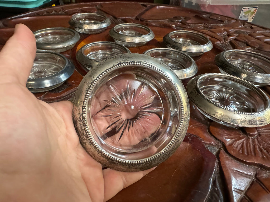 Vintage silver & glass coasters 9 pc