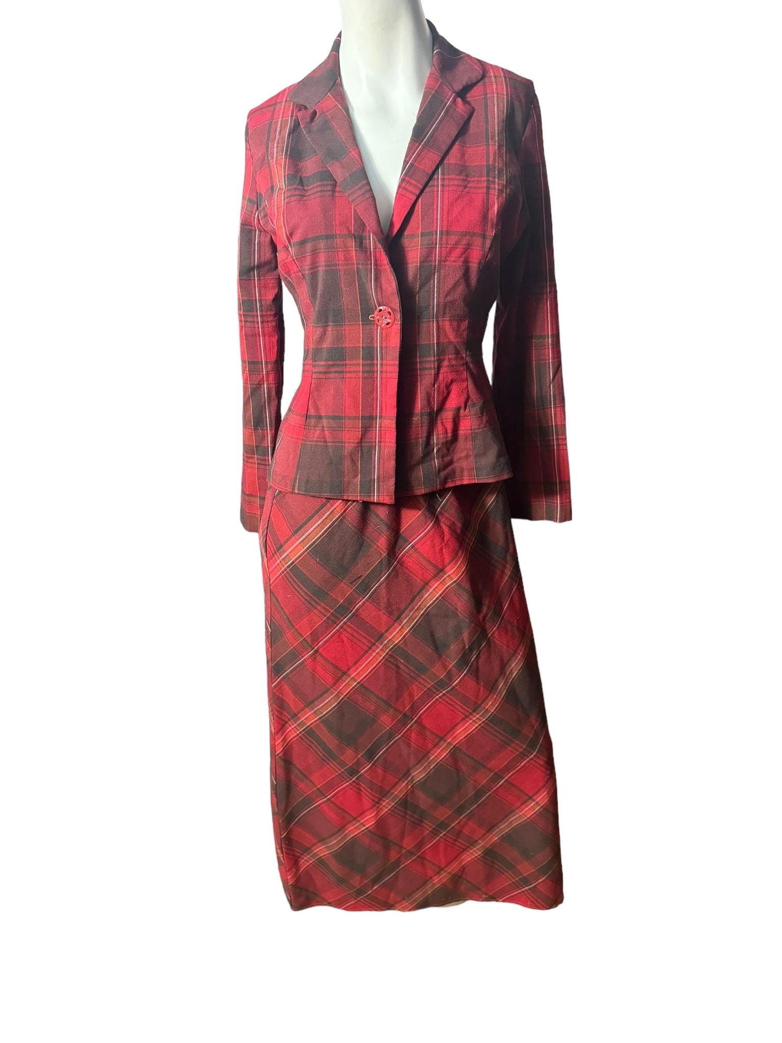 Vintage red plaid skirt & jacket M