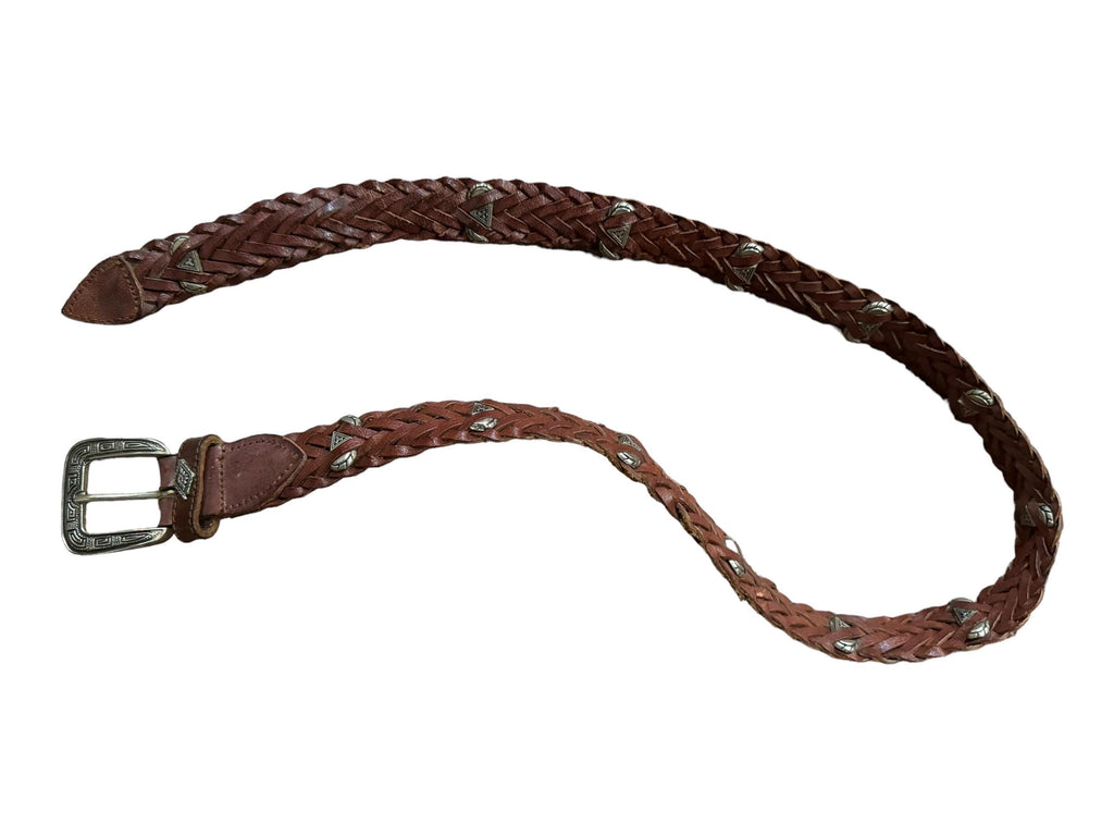 Vintage brown woven leather & silver metal belt