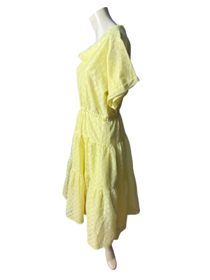 Vintage yellow prairie eyelet dress L full skirt