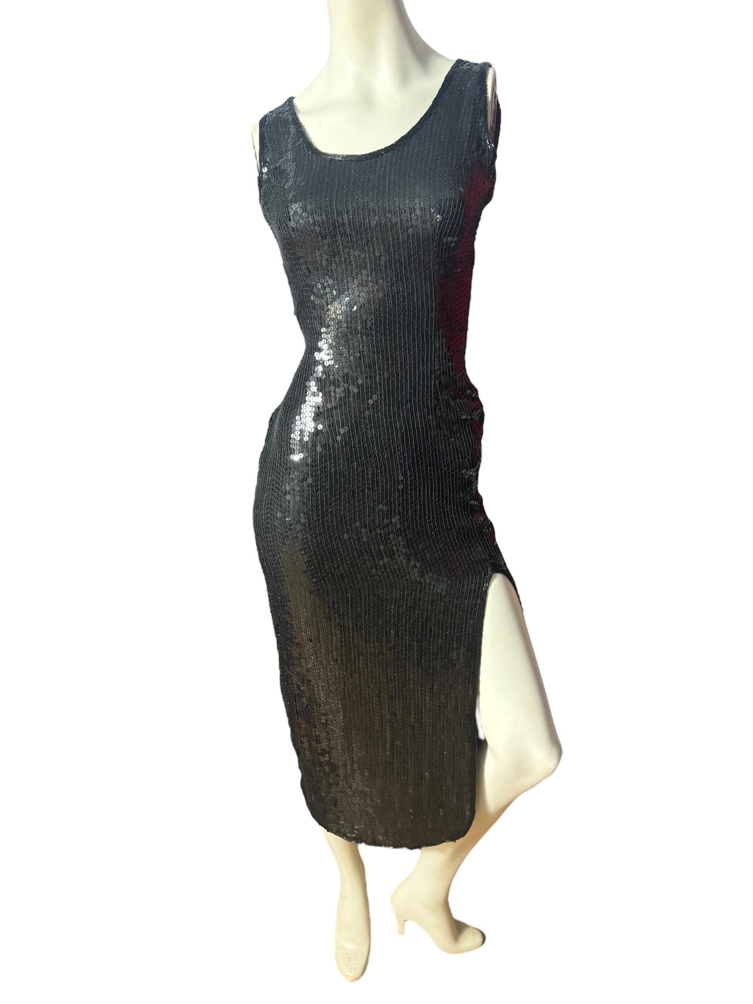 Vintage 80's black sequin fitted dress S petite