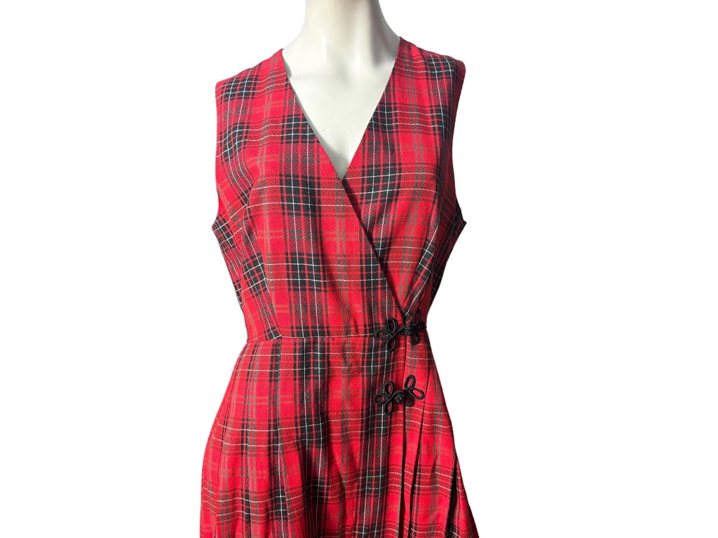Vintage red plaid rayon wrap dress L Eagles Eye
