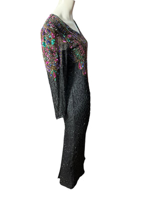 Vintage 80's black bead & sequin gown M