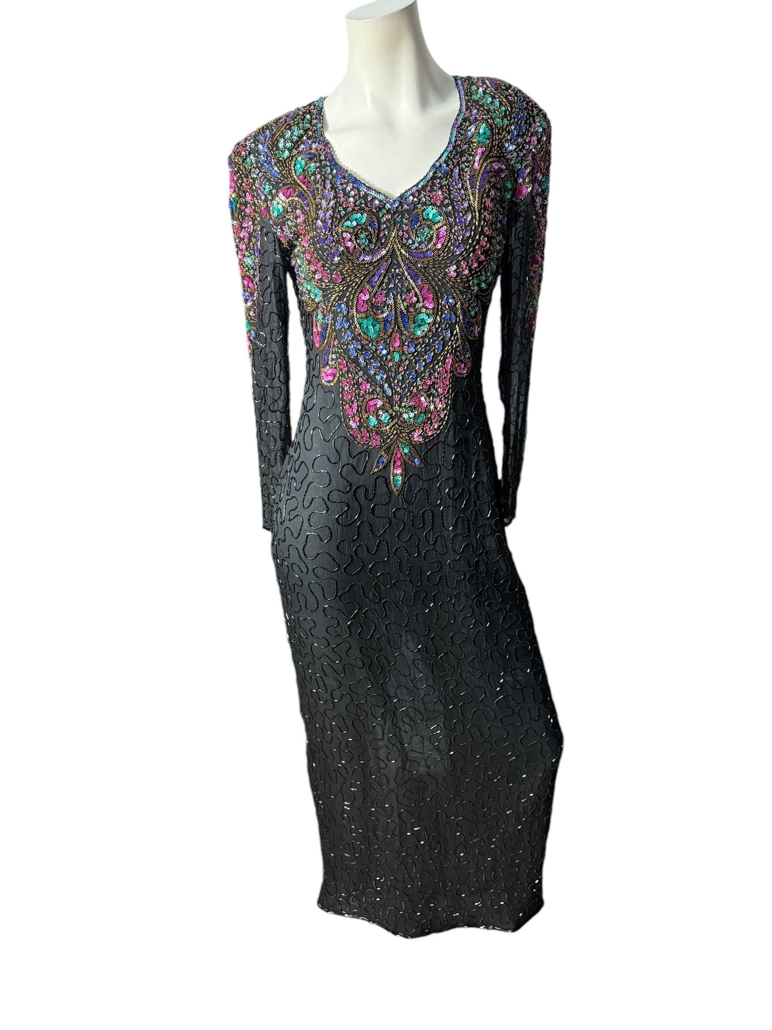 Vintage 80's black bead & sequin gown M
