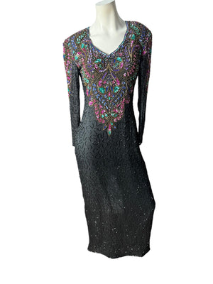 Vintage 80's black bead & sequin gown M
