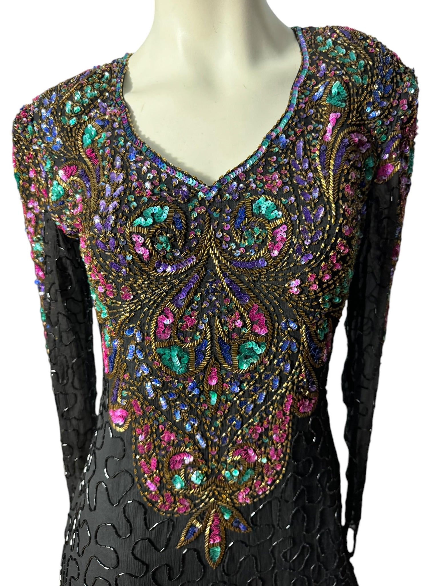 Vintage 80's black bead & sequin gown M