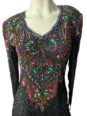 Vintage 80's black bead & sequin gown M