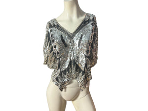 Vintage black & silver butterfly sequin top shirt M
