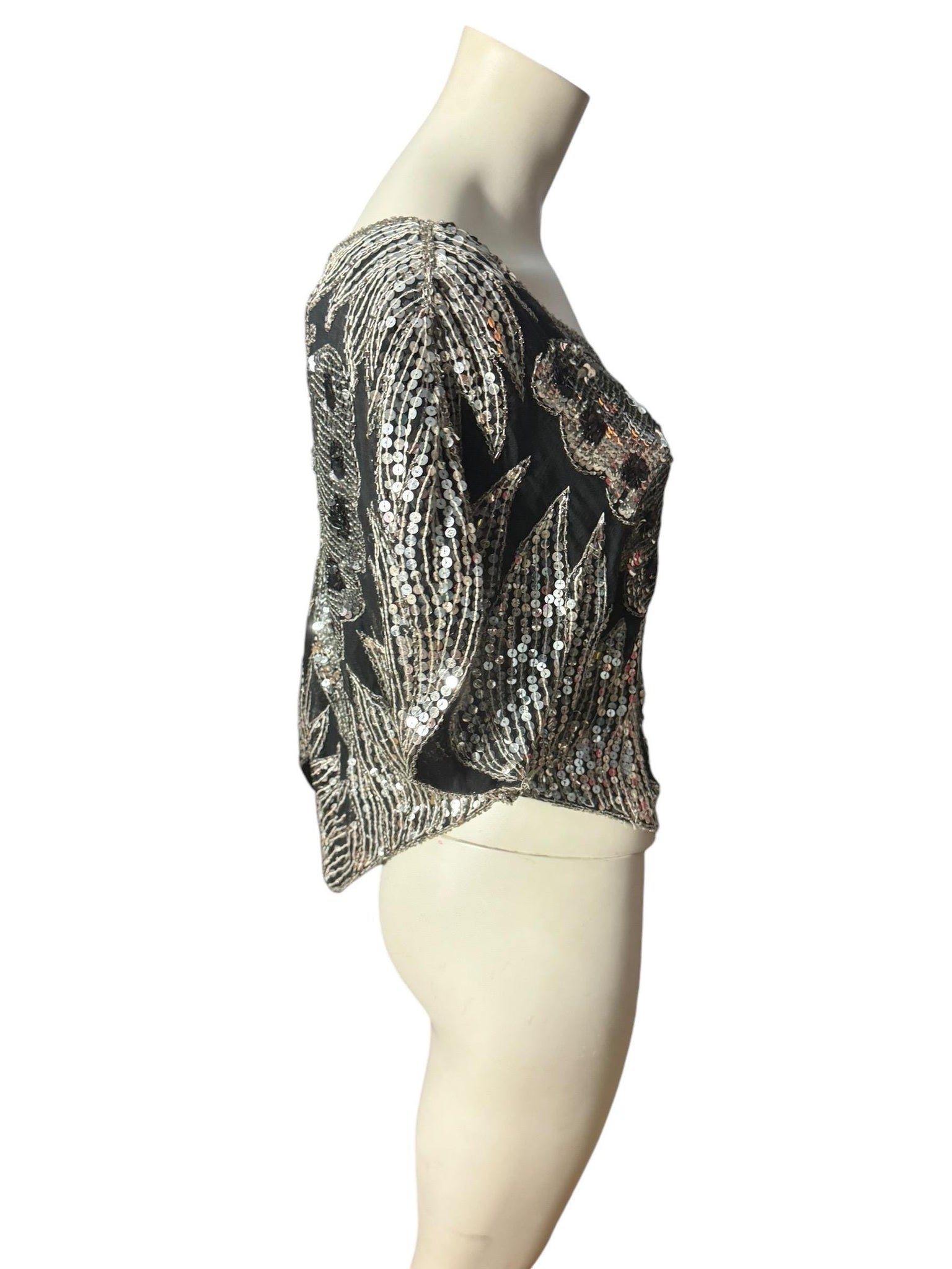Vintage black & silver butterfly sequin top shirt M